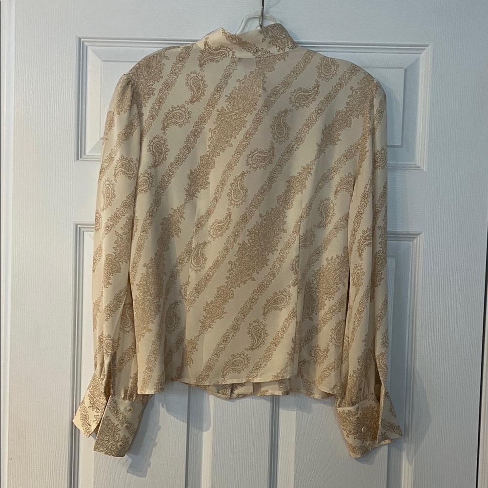 Talbots Pure Silk Blouse with Cream and Gold Pattern - Picture 3 of 5